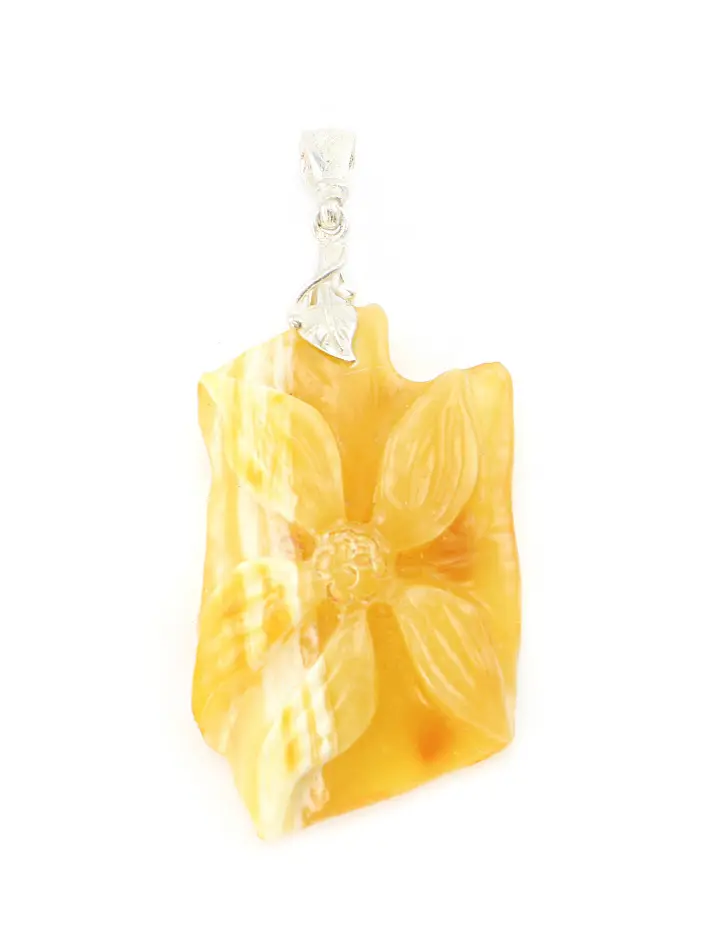 картинка Подвеска-резьба из натурального  янтаря медового цвета «Цветок на камне» 48х10 в онлайн магазине