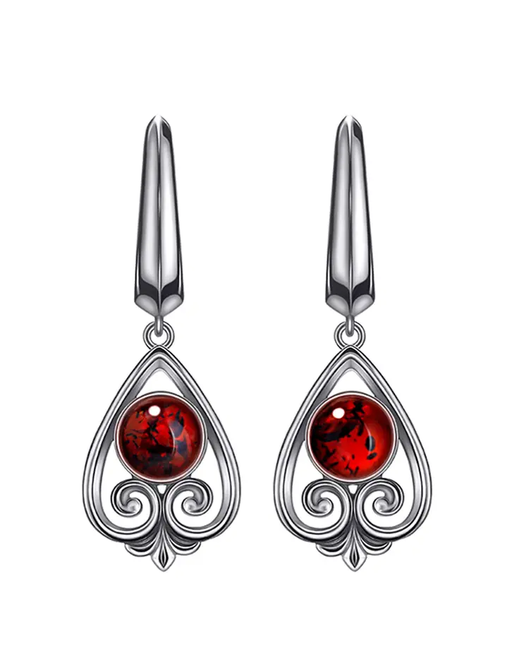 картинка Ажурные серебряные серьги с вишнёвым янтарём «Кордова» в онлайн магазине