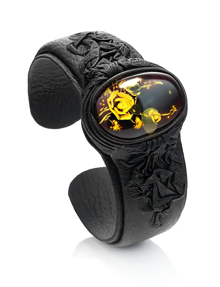 картинка Роскошный браслет из кожи и натурального янтаря с инталией «Амазонка» в онлайн магазине