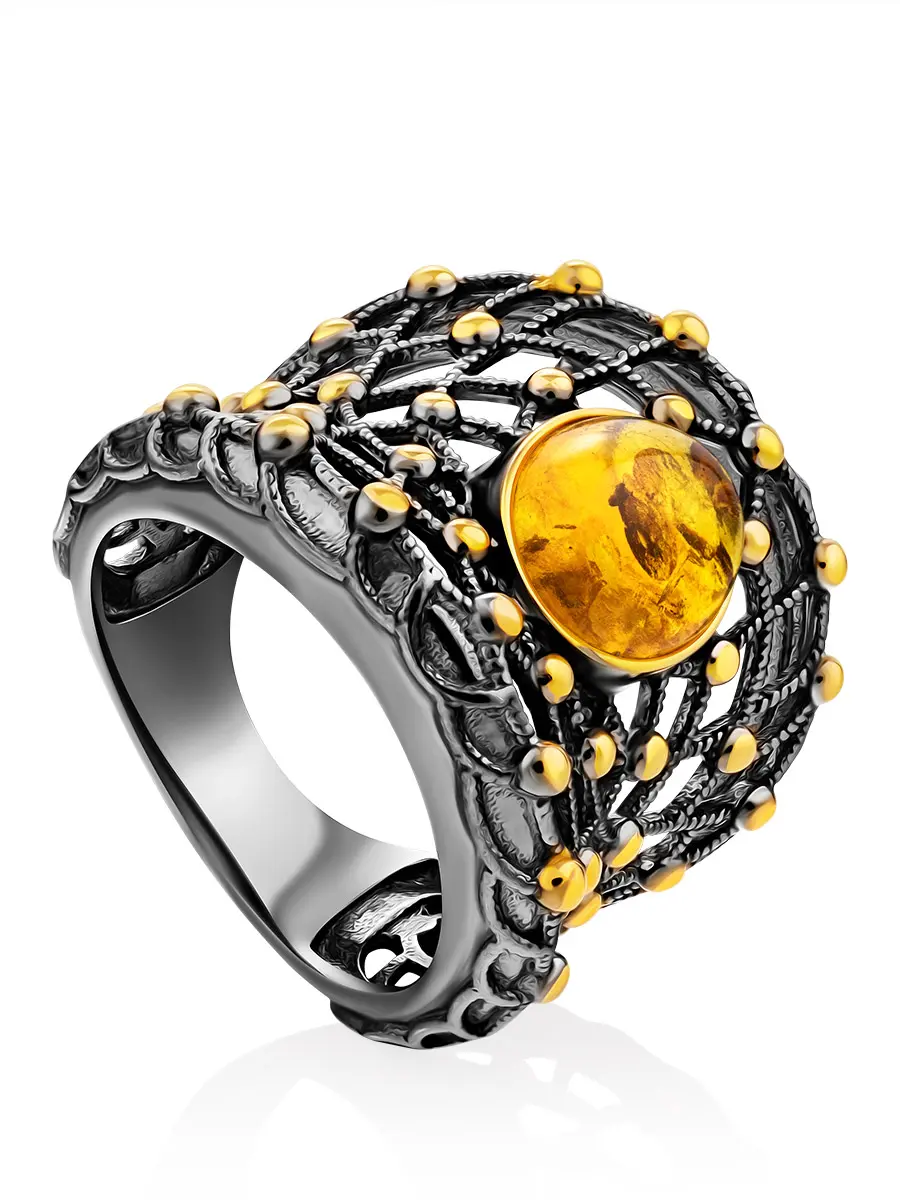 картинка Потрясающее ажурное кольцо «Паутинка» из натурального янтаря в онлайн магазине