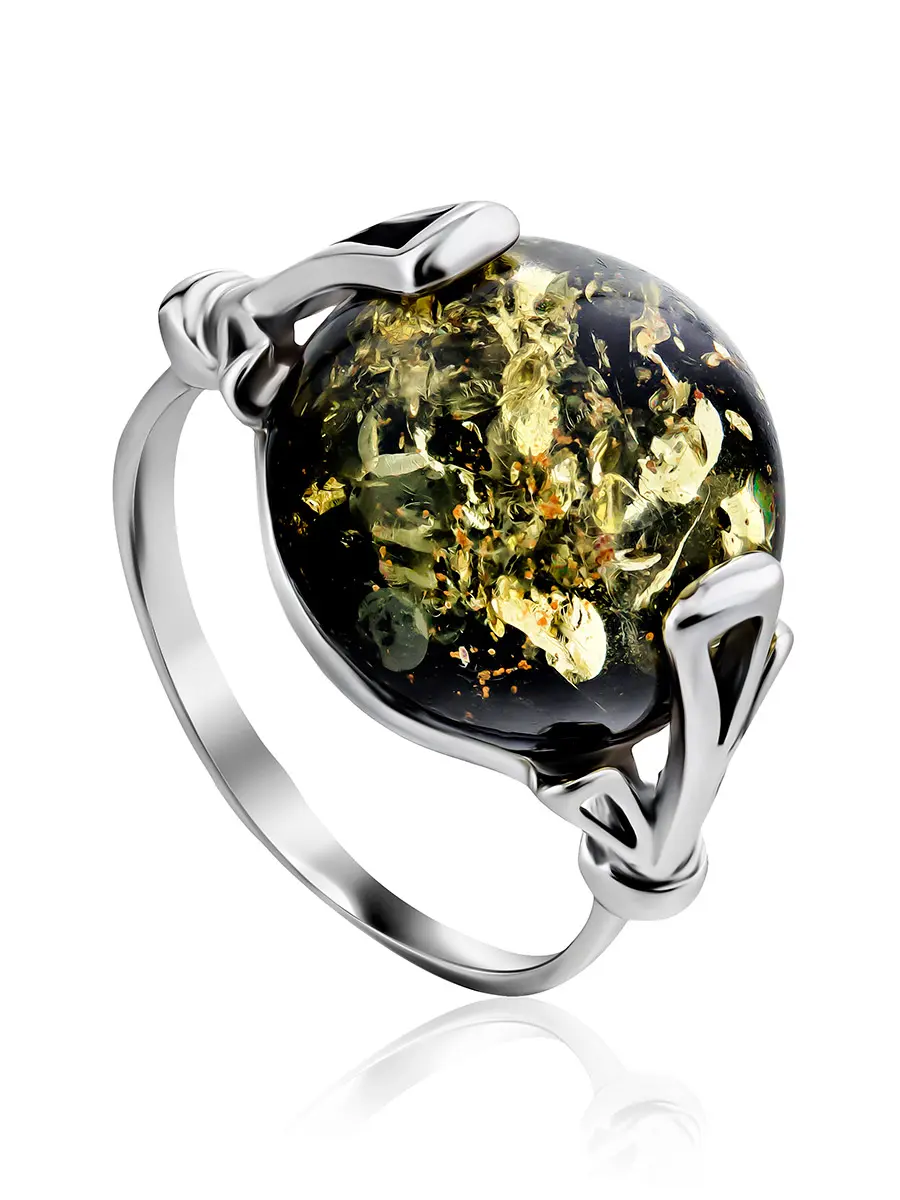 картинка Круглое серебряное кольцо с натуральным зелёным янтарём «Лючия» в онлайн магазине