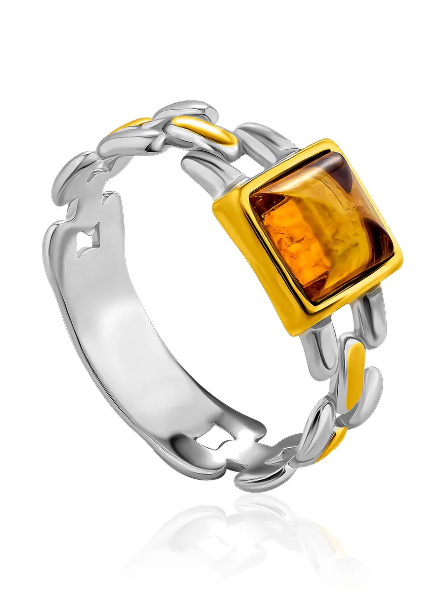 картинка Оригинальное кольцо из серебра с позолотой, украшенное янтарём «Лозанна» в онлайн магазине