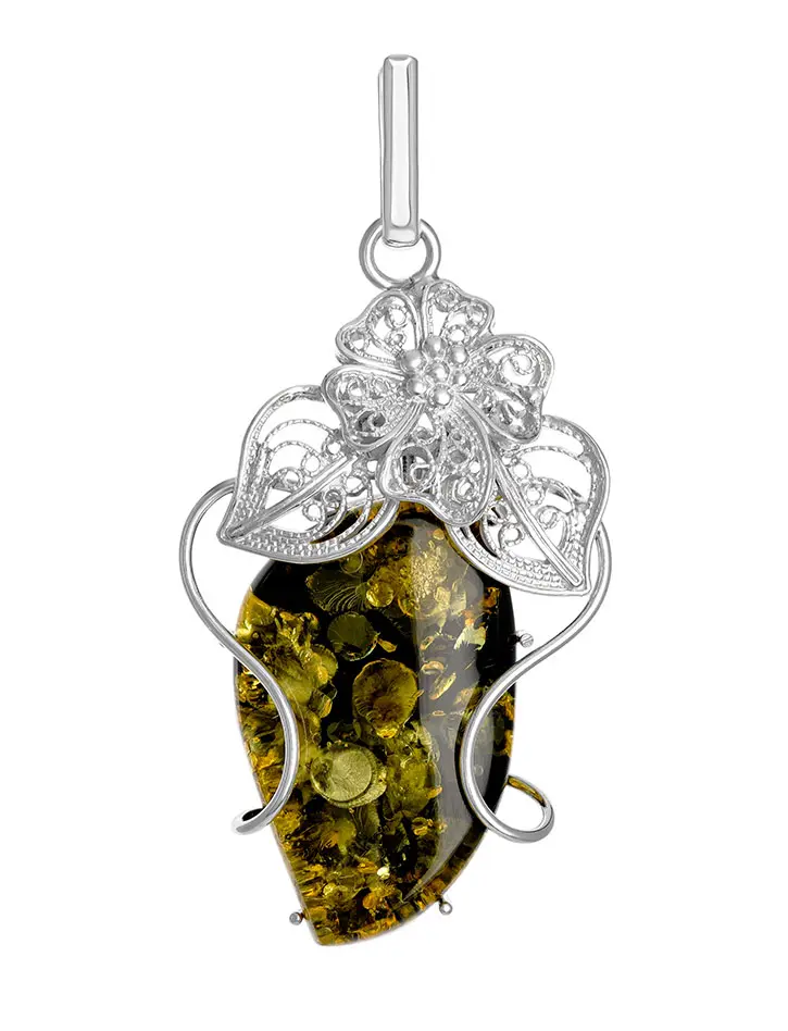 картинка Крупная подвеска из натурального искрящегося янтаря зелёного оттенка в серебре «Филигрань» в онлайн магазине