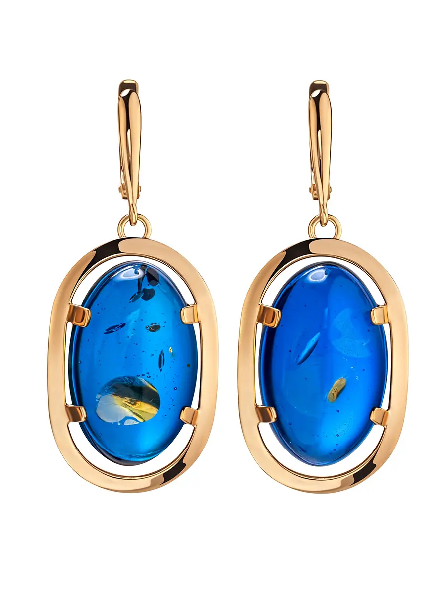 картинка Яркие необычные серьги «Элегия» с натуральным янтарём синего цвета в онлайн магазине