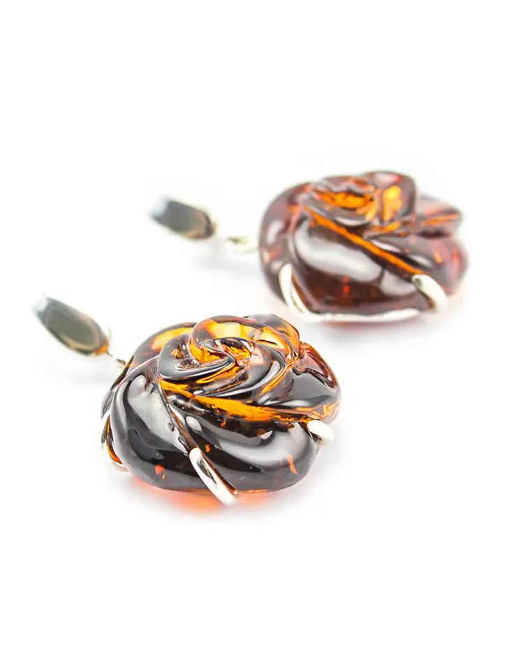 картинка Серьги из натурального цельного янтаря в серебре «Роза чайная» в онлайн магазине