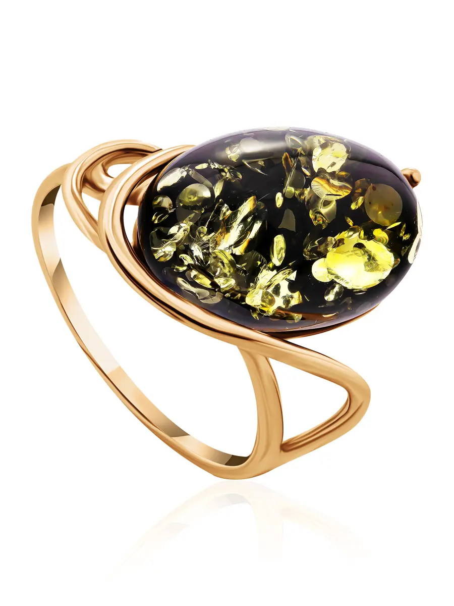 картинка Яркое позолоченное кольцо с натуральным янтарём зелёного цвета «Сигма» в онлайн магазине