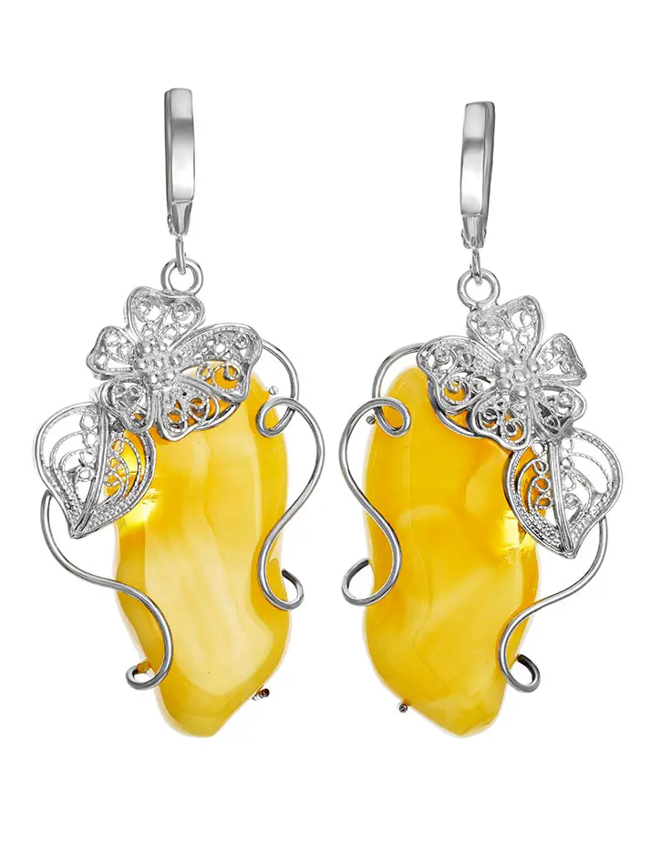 картинка Крупные нарядные серьги из янтаря молочно-медового цвета в серебре «Филигрань» в онлайн магазине