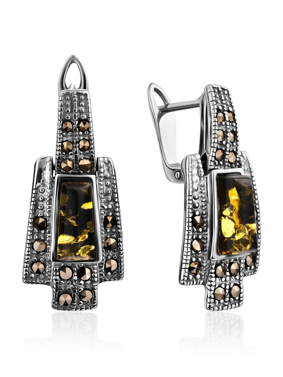 картинка Изящные серьги с янтарём и марказитами «Эйфория» в онлайн магазине