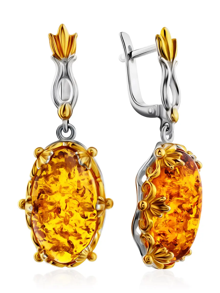 картинка Эффектные серьги «Примула», украшенные золотистым янтарём в онлайн магазине