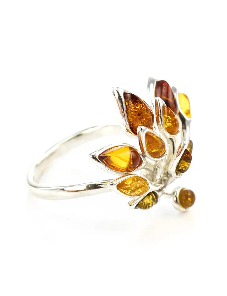 картинка Эффектное кольцо из серебра и натурального янтаря трёх цветов «Осень» в онлайн магазине