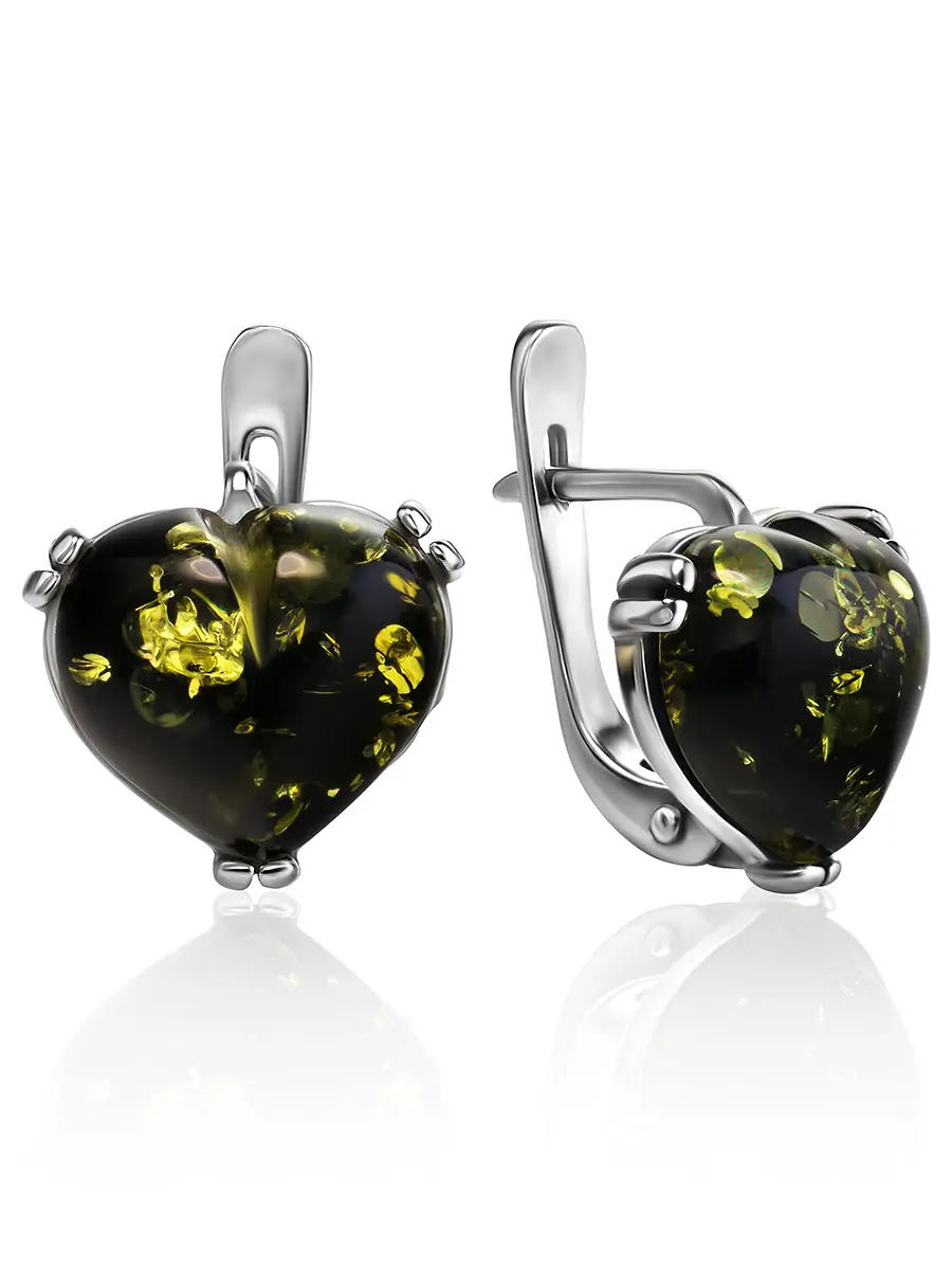 картинка Серьги в форме сердца из серебра и зелёного янтаря «Византия» в онлайн магазине