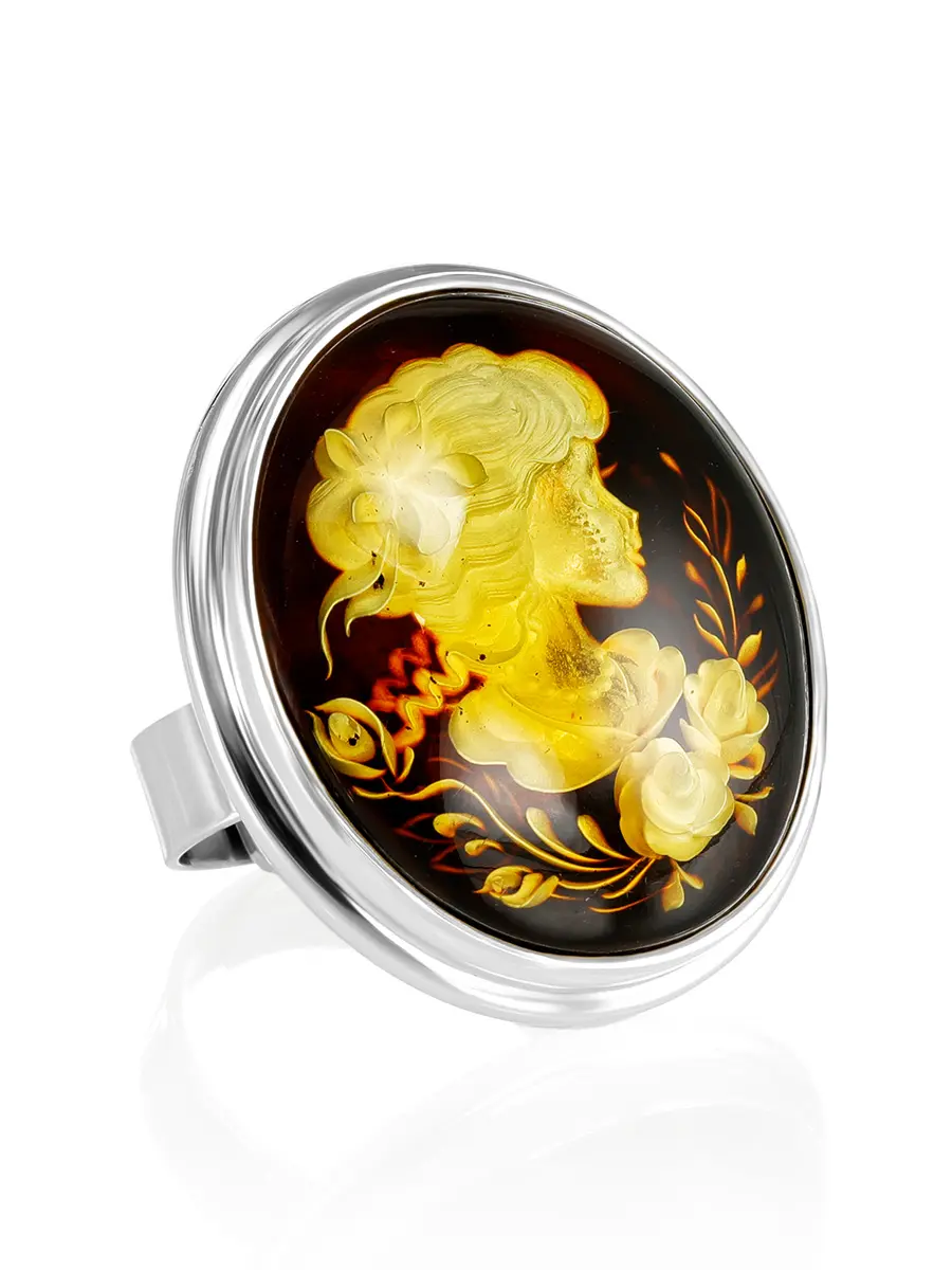 картинка Роскошный перстень из натурального янтаря с изысканной инталией «Элинор» в онлайн магазине