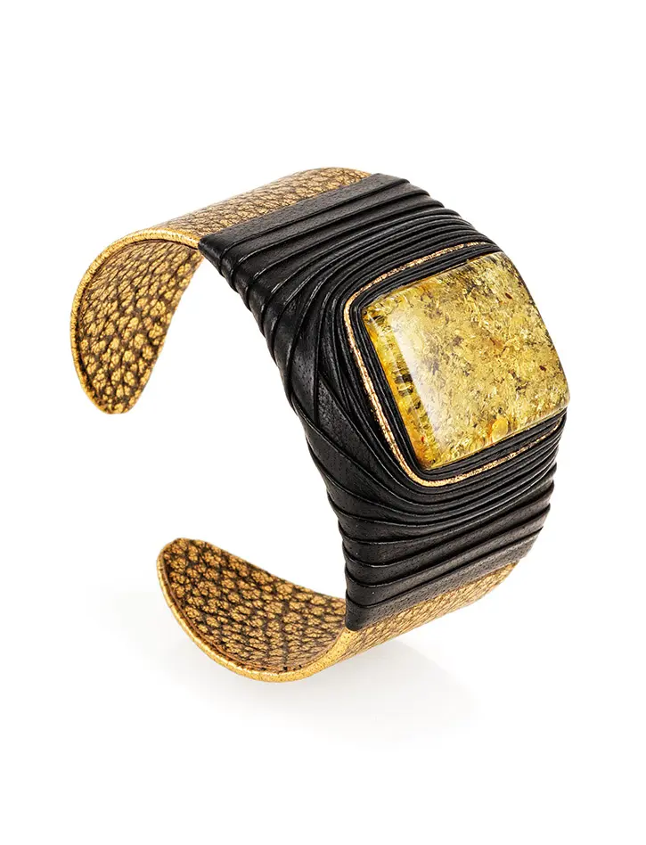картинка Нарядный браслет «Нефертити» из кожи и натурального янтаря в онлайн магазине