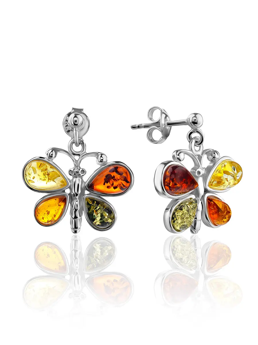 картинка Подвесные серьги-гвоздики «Апрель» с натуральным янтарём разных оттенков в онлайн магазине