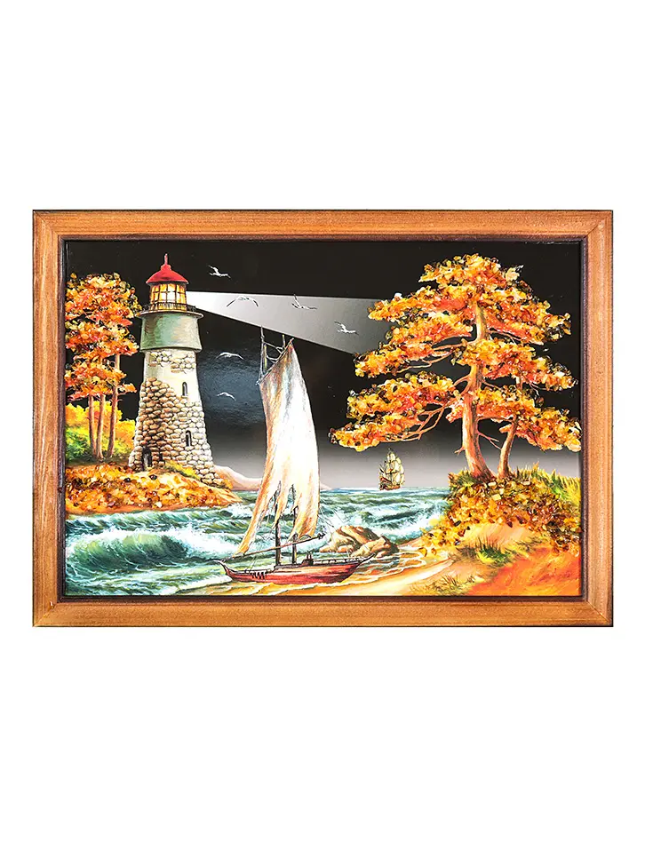 картинка «Ночной морской пейзаж с парусником», украшенный натуральным балтийским янтарём 23 (В) х 32 (Ш) в онлайн магазине