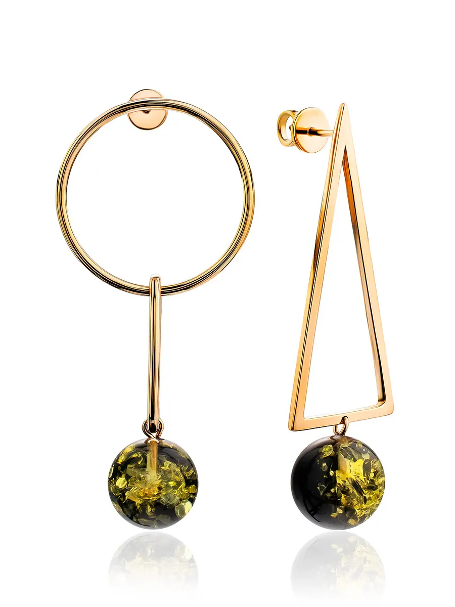 картинка Необычные серьги «Лютеция» из позолоченного серебра и зелёного янтаря в онлайн магазине