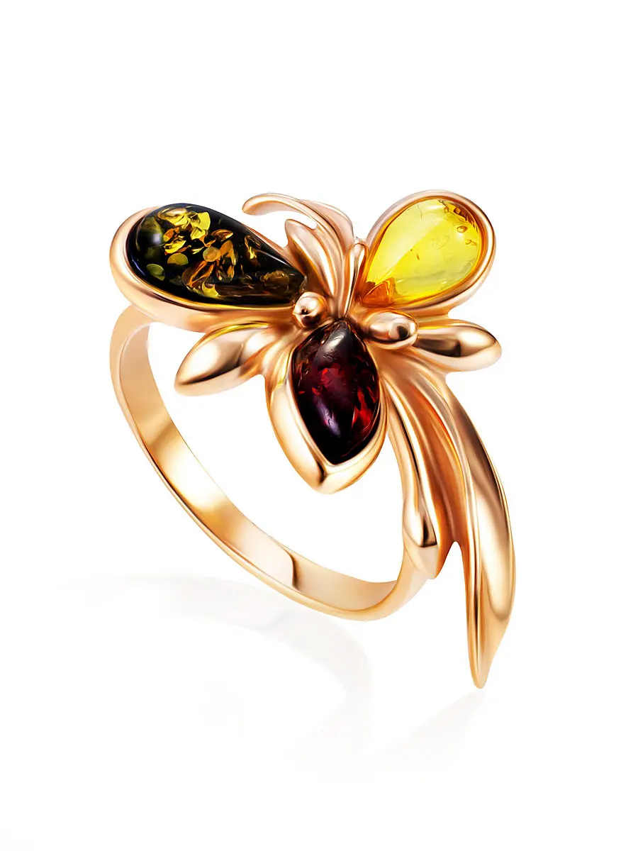 картинка Яркое кольцо с разноцветным янтарём «Кипарис» в онлайн магазине