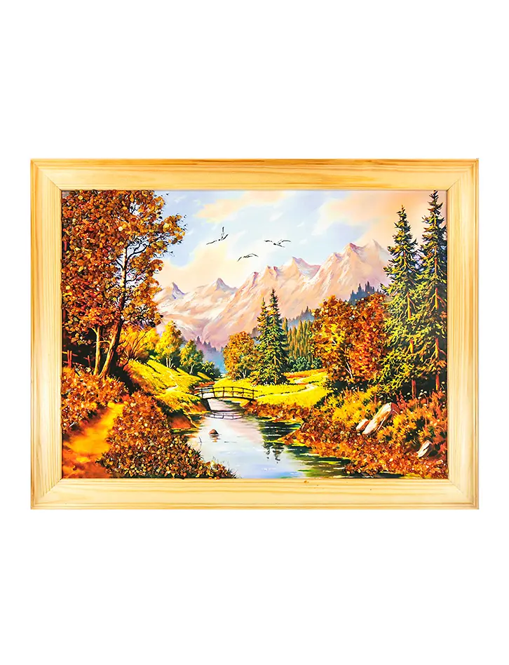 картинка Горизонтальная картина, украшенная натуральным янтарём «Горный ручей» 35 см (В) х 45 см (Ш) в онлайн магазине