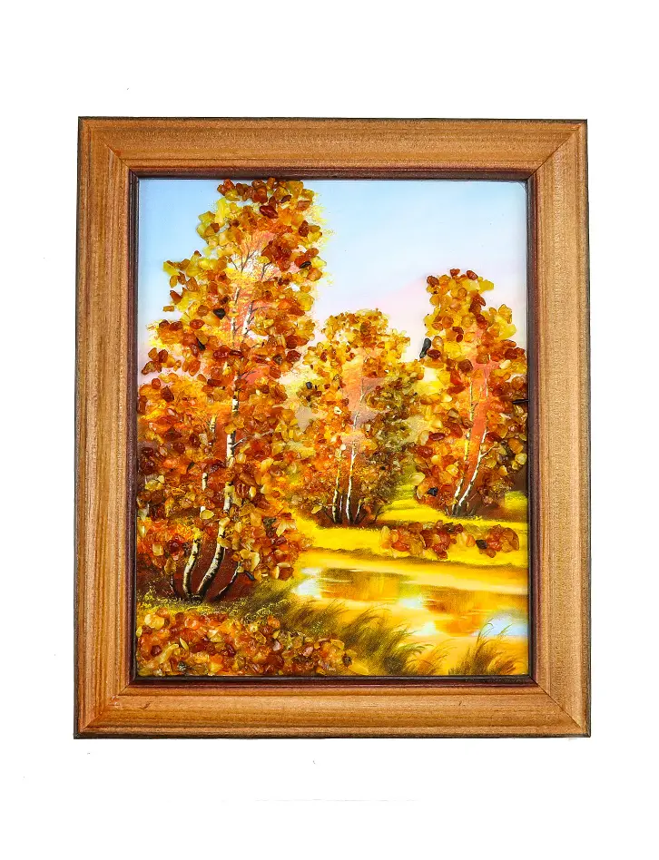 картинка Небольшая вертикальная картина с натуральным янтарем «Осенняя пора» в онлайн магазине
