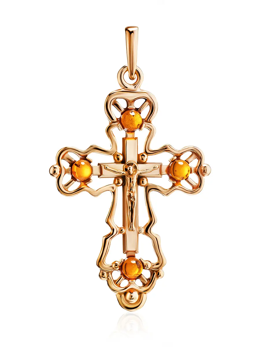 картинка Ажурный позолоченный крест с коньячным янтарём в онлайн магазине