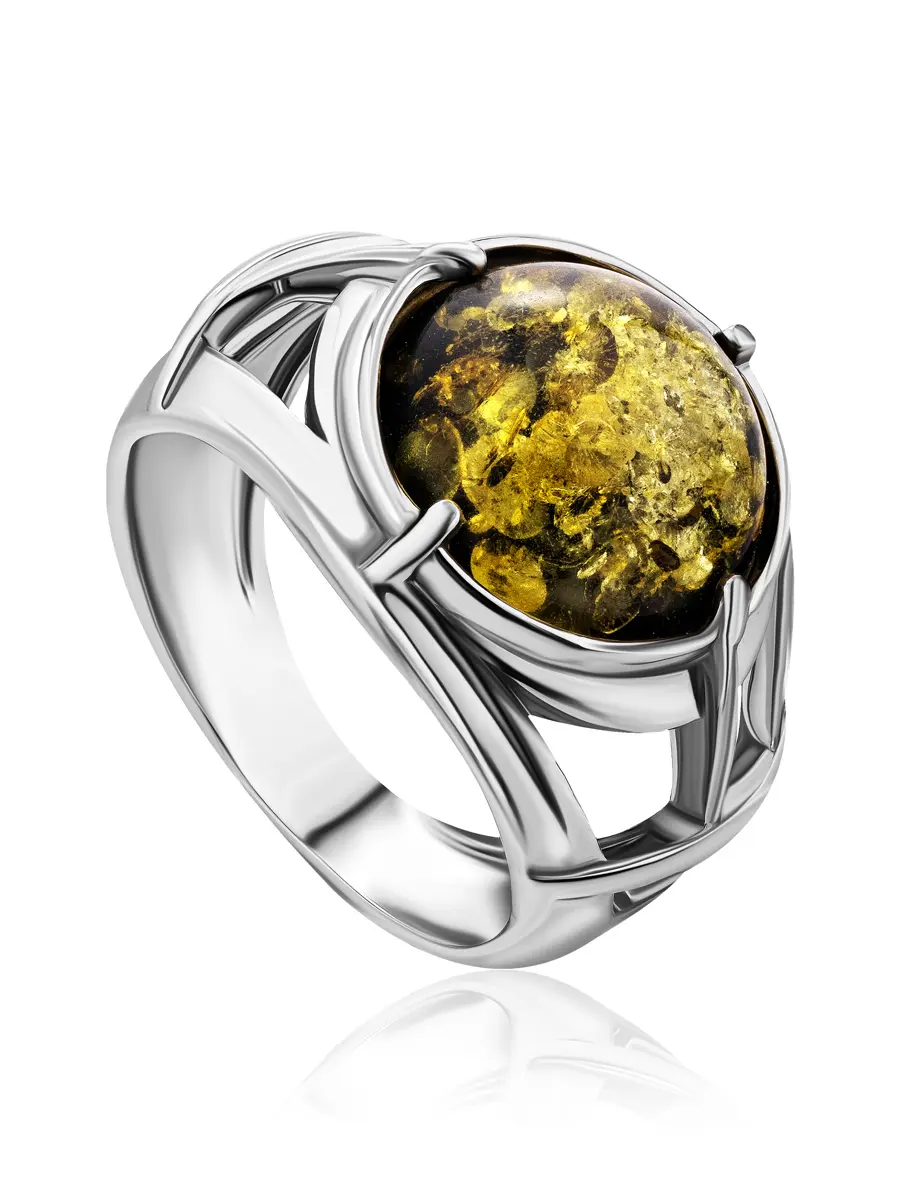 картинка Перстень с круглой вставкой из натурального янтаря зелёного цвета «Цезарь» в онлайн магазине