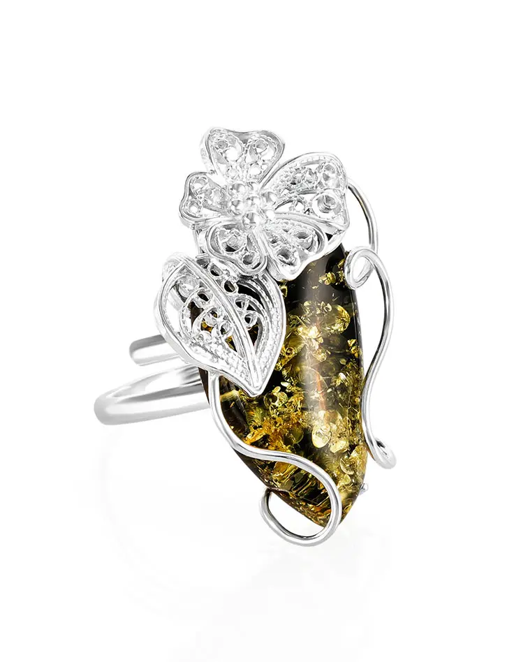 картинка Изящное серебряное кольцо с натуральным балтийским янтарём зелёного цвета «Филигрань» в онлайн магазине