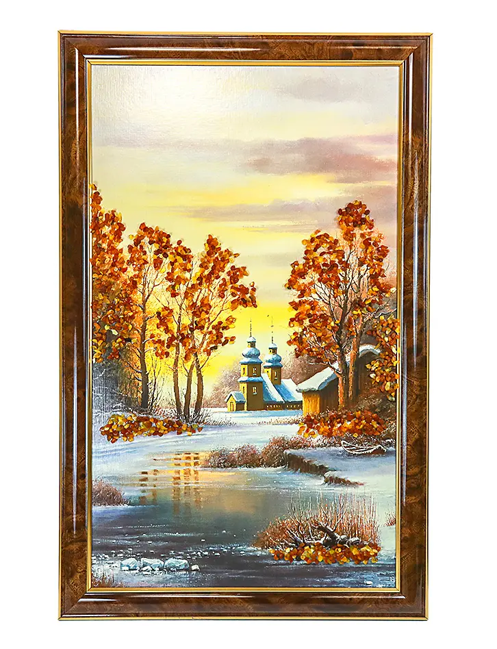 картинка Крупная вертикальная картина с натуральным янтарем «Русская зима» в онлайн магазине
