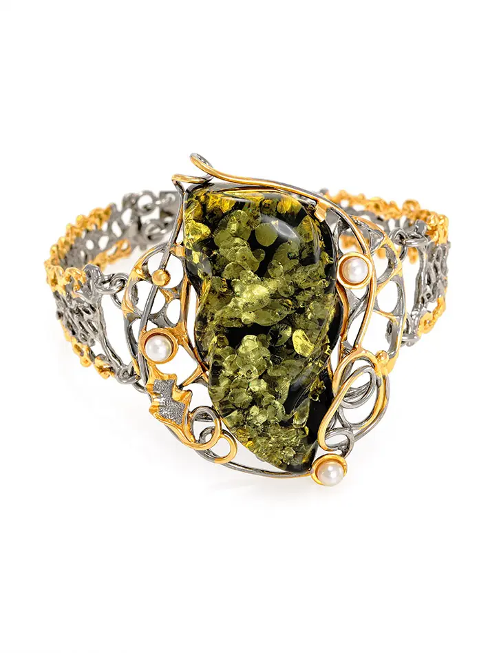 картинка Нарядный браслет из зелёного янтаря с жемчугом «Версаль» в онлайн магазине