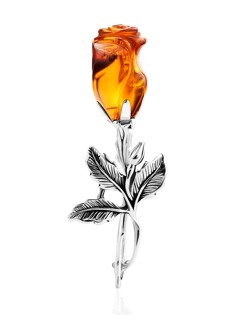 картинка Брошь «Роза» из серебра с натуральным коньячным янтарём в онлайн магазине