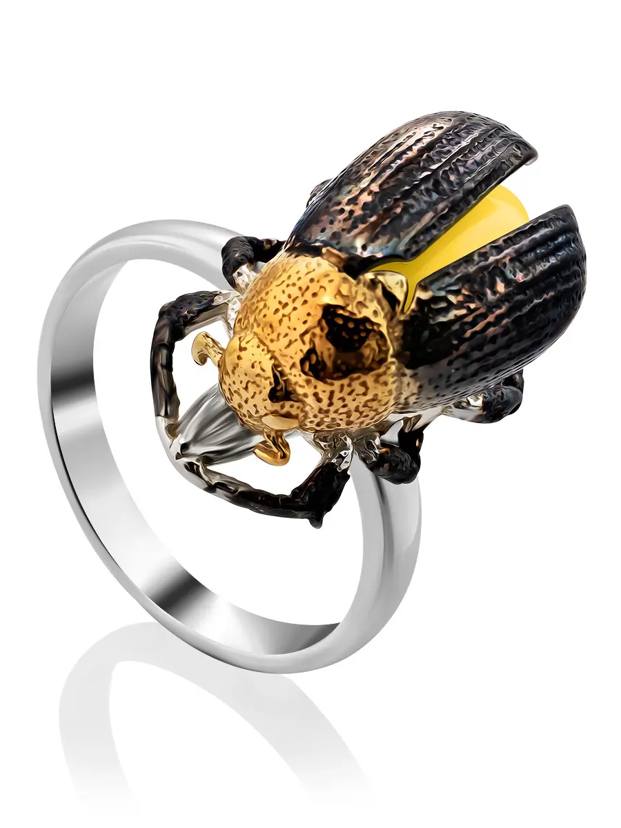 картинка Эффектное кольцо из натурального балтийского янтаря медового цвета «Скарабей» в онлайн магазине