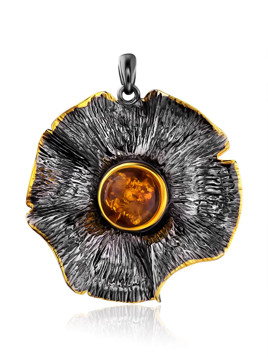 картинка Яркий эффектный кулон из чернёного серебра с золочением и натурального янтаря «Мак» в онлайн магазине
