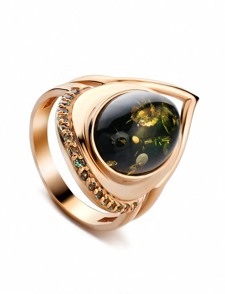 картинка Эффектное яркое кольцо с зелёным янтарём «Ренессанс» в онлайн магазине