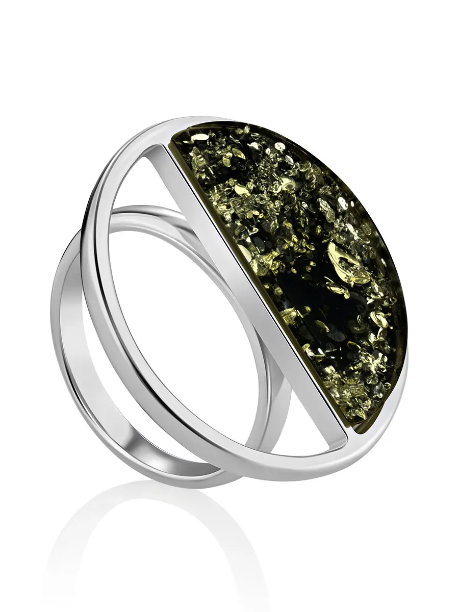 картинка Эффектное серебряное кольцо с зелёным янтарём «Монако» в онлайн магазине