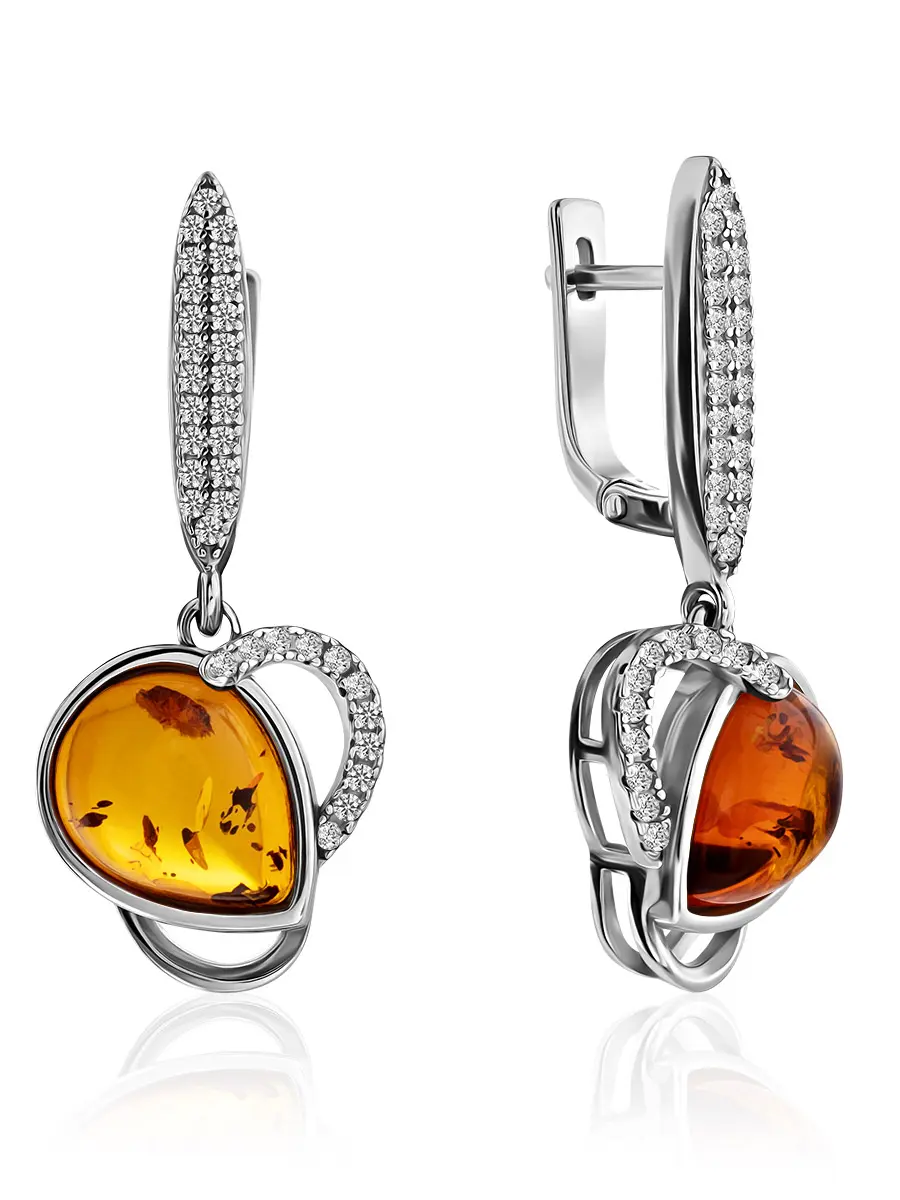 картинка Изящные серебряные серьги «Ренессанс» с натуральным янтарём и цирконитами в онлайн магазине