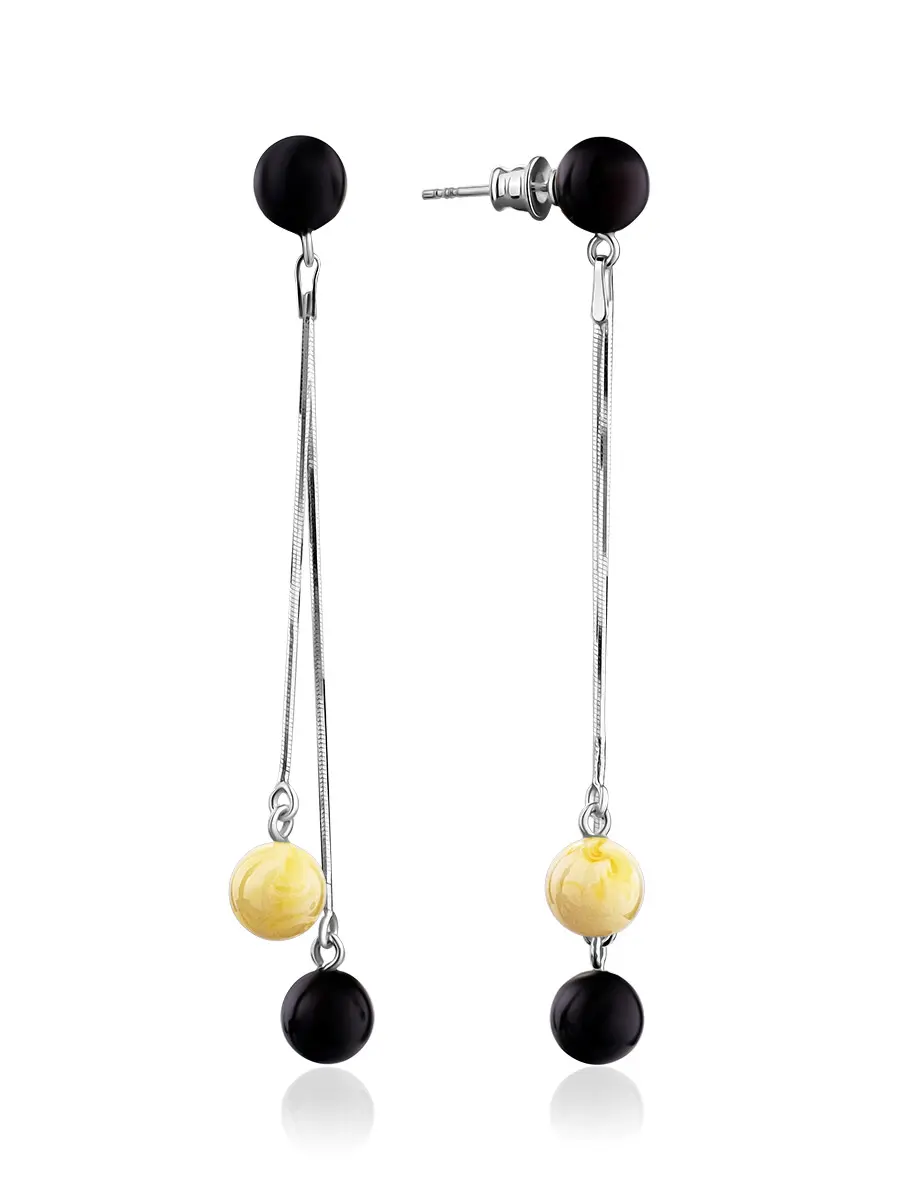 картинка Удлинённые серьги на замочках-гвоздиках с контрастным янтарём «Рябина» в онлайн магазине