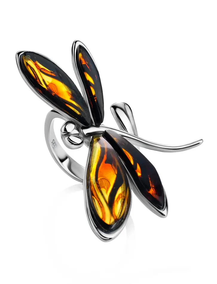 картинка Яркое и необычное кольцо из серебра и натурального янтаря «Стрекоза» в онлайн магазине