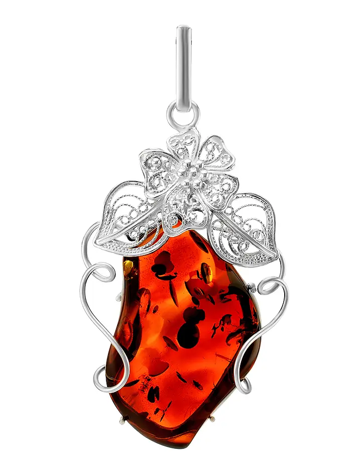 картинка Крупная подвеска из натурального сверкающего янтаря цвета в серебре «Филигрань» в онлайн магазине