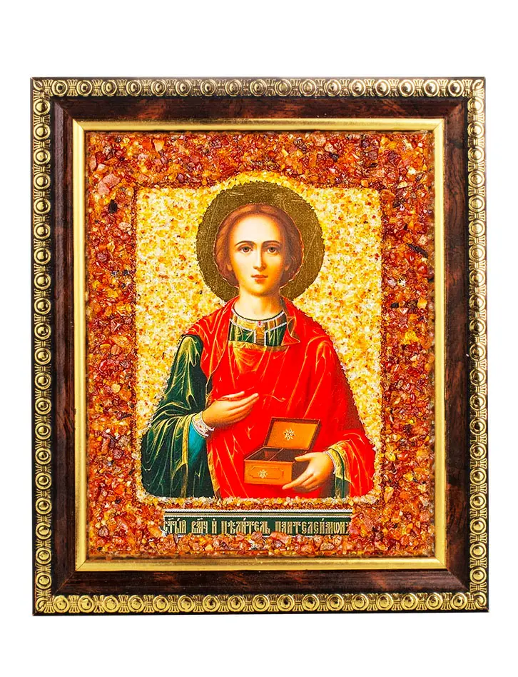 картинка Небольшая икона, украшенная натуральным балтийским янтарём «Святой целитель Пантелеймон» в онлайн магазине