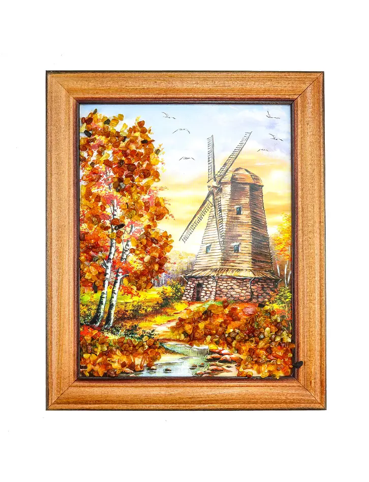 картинка Небольшая вертикальная картина с натуральным янтарем «Мельница» в онлайн магазине