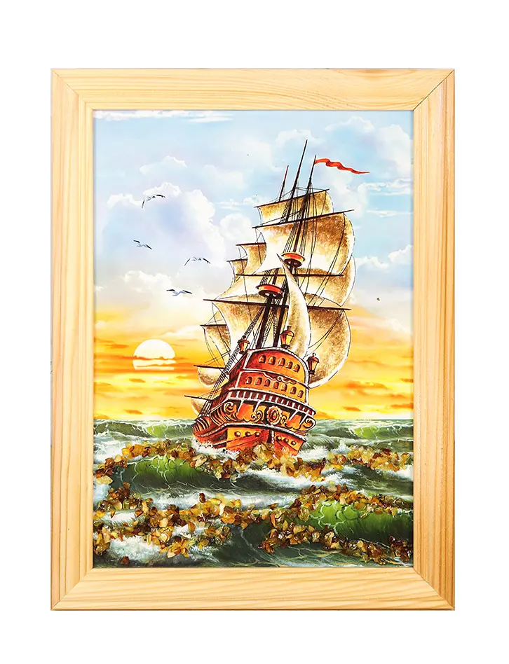 картинка Украшенный натуральным янтарём морской пейзаж «В добрый путь» 24 (В) х 17 (Ш) в онлайн магазине