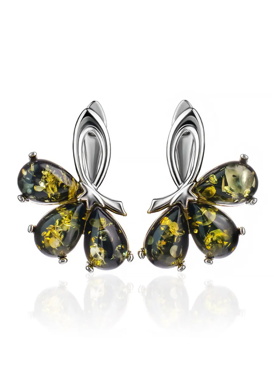 картинка Серьги с натуральным балтийским янтарём зелёного цвета «Одуванчик» в онлайн магазине