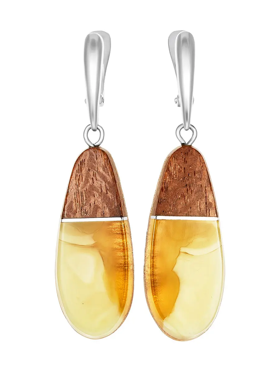 картинка Стильные серьги из дерева и натурального янтаря «Индонезия» в онлайн магазине
