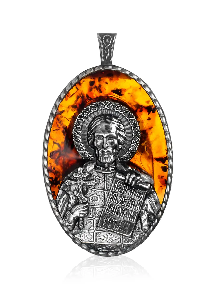 картинка Именная икона из натурального янтаря коньячного цвета в серебре «Святой князь Александр» в онлайн магазине