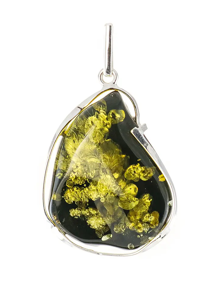 картинка Изящная подвеска из натурального янтаря насыщенного зелёного цвета в серебре «Лагуна» в онлайн магазине