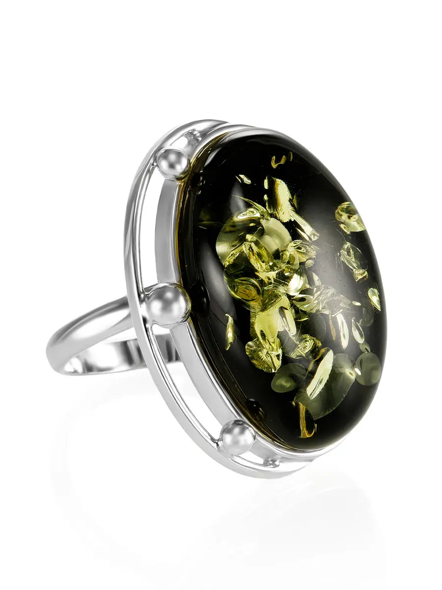 картинка Серебряное кольцо «Маньяна» с натуральным янтарём зелёного цвета в онлайн магазине
