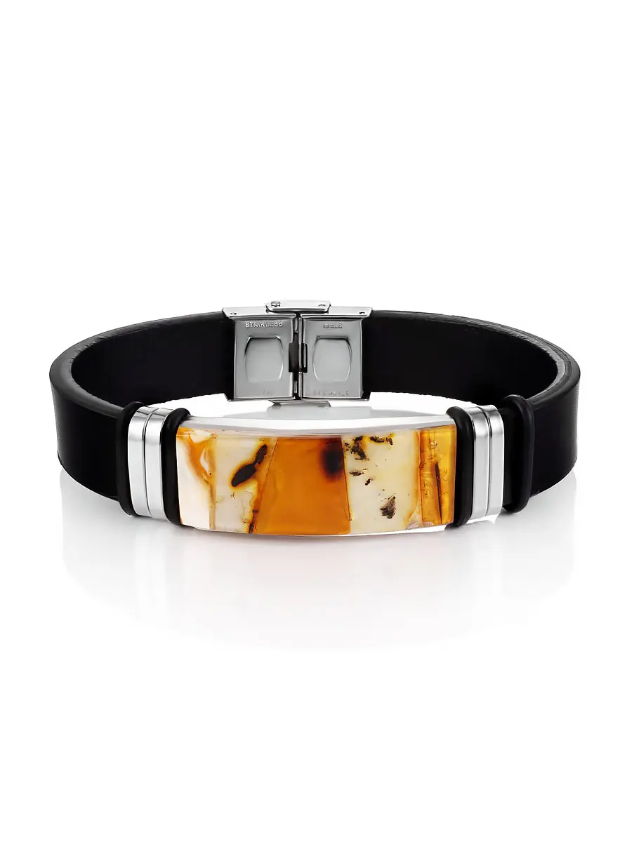 картинка Браслет для мужчин на кожаной основе, украшенный янтарной мозаикой «Сильверстоун» в онлайн магазине