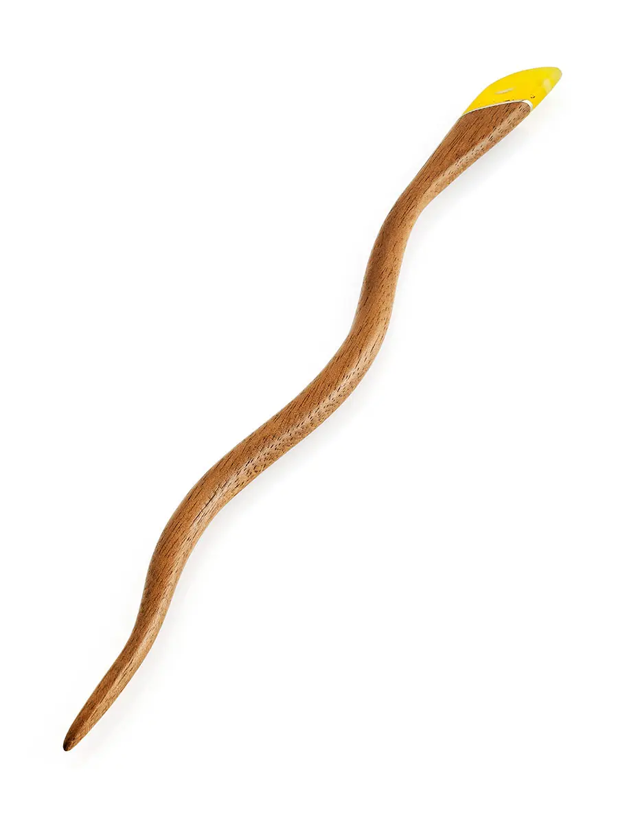 картинка Фигурная шпилька-палочка для волос из дерева и натурального балтийского янтаря в онлайн магазине