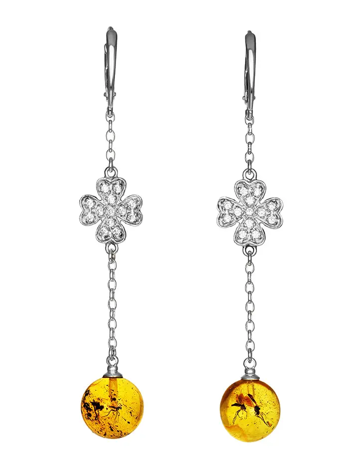 картинка Изысканные серебряные серьги, украшенные янтарём с насекомыми «Клио» в онлайн магазине