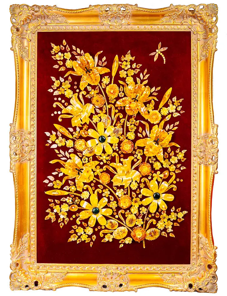 картинка Роскошная картина из натурального янтаря на бархате «Букет с орхидеями» в онлайн магазине