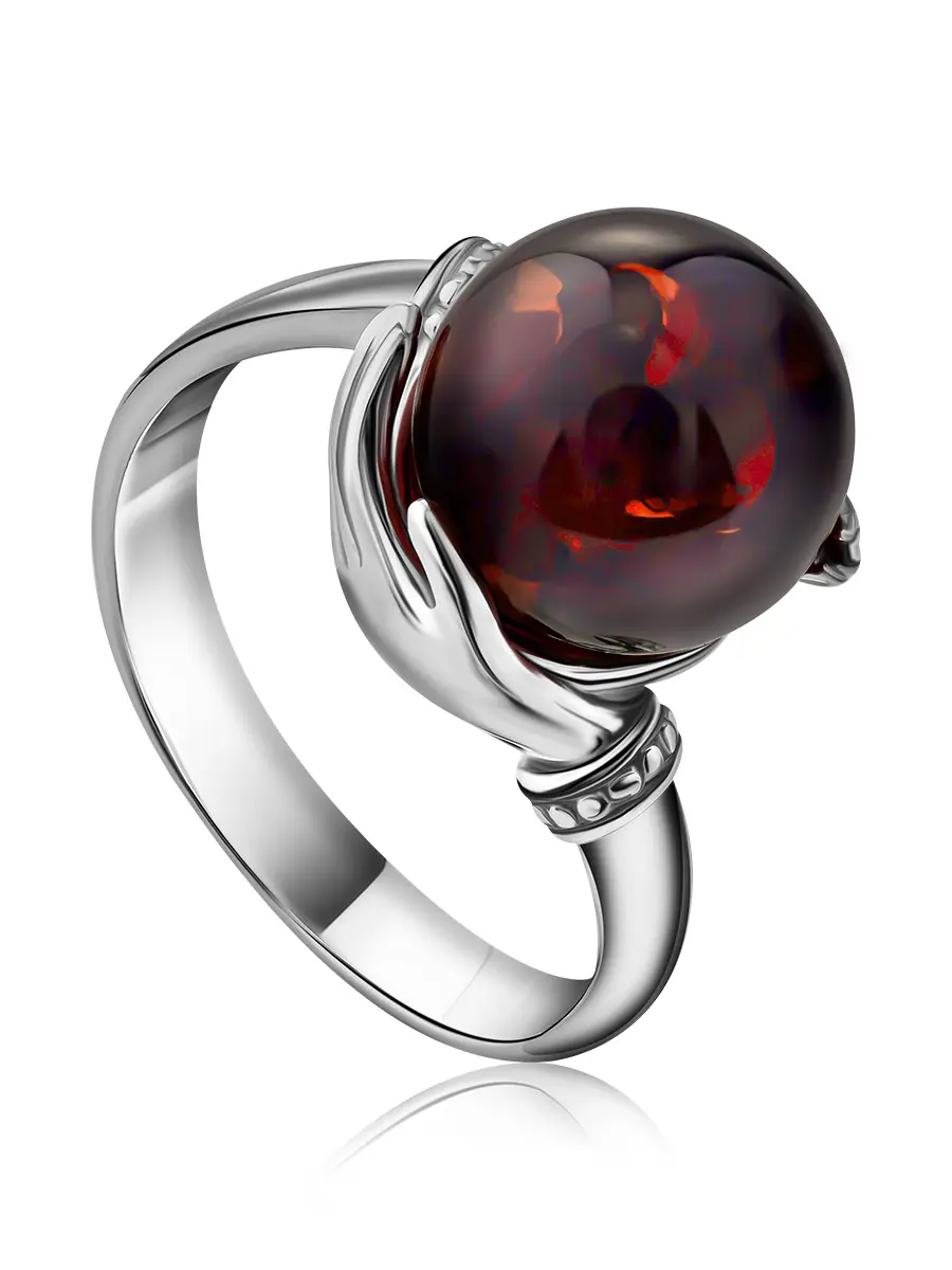 картинка Нежное кольцо с круглой вставкой из янтаря «Объятия» в онлайн магазине